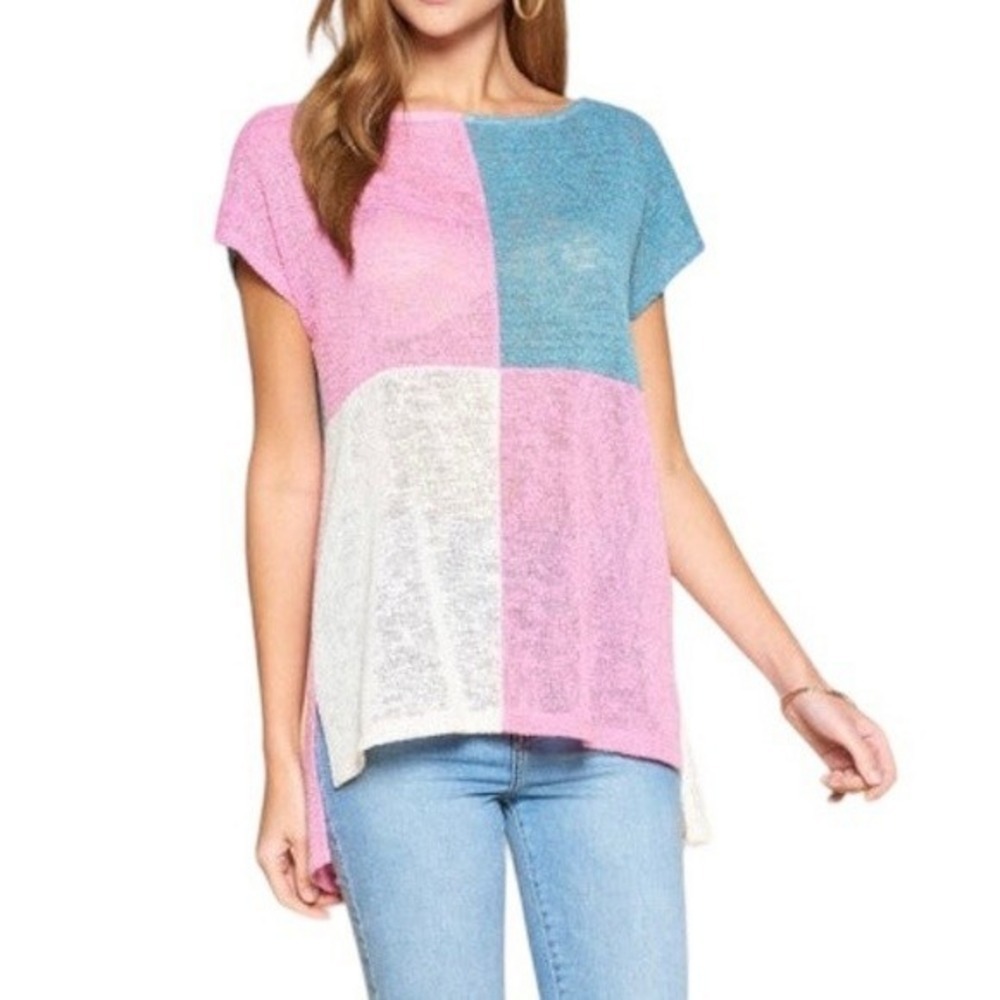 Oddi Womens Colorblock Knit Top Pink Teal Short Sleeve T62810 Medium